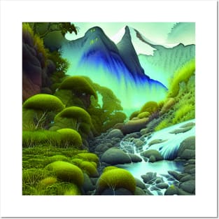 Digital painting of Mountains, Plants and River Posters and Art